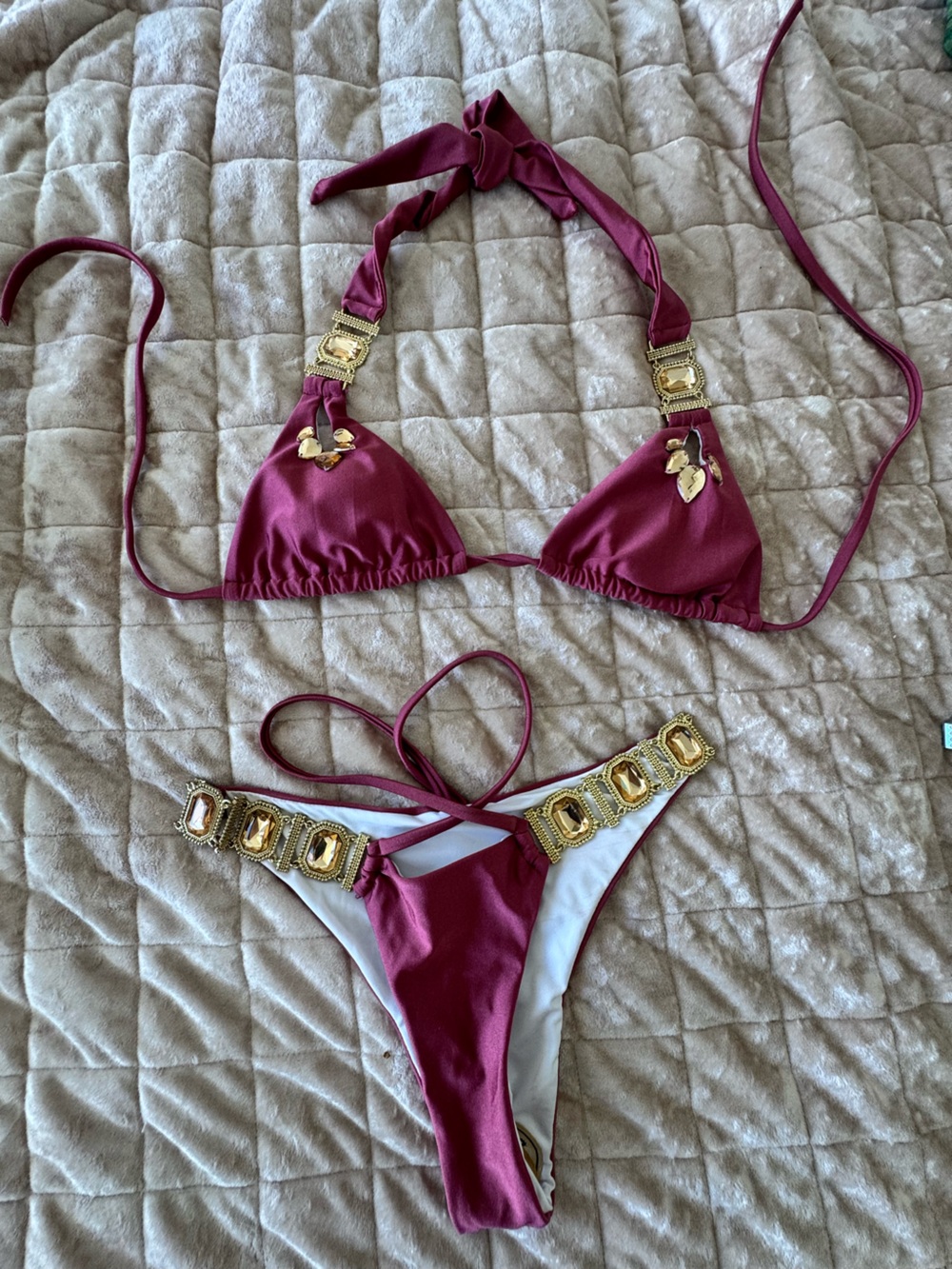 Gold-Embellished Burgundy Triangle Bikini Set - Women Swim Bikini